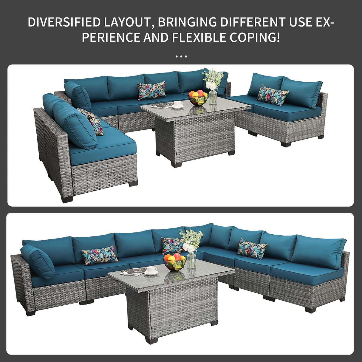 Patio Furniture Sectional Sofa Set 9 Pieces Outdoor Wicker Furniture Couch Storage Glass