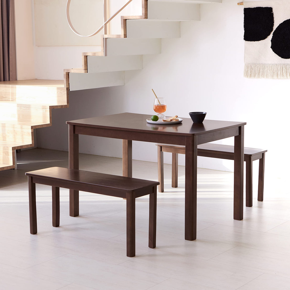 Cabin 37.4" Wooden Dining Bench/Small Modern Farmhouse Malaysian Oak Wood Bench (Walnut)