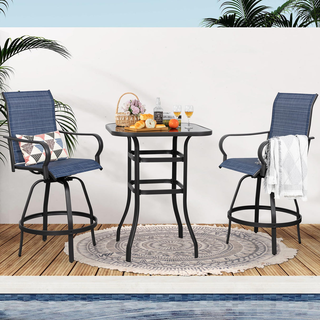 3 Pieces Outdoor Swivel Bar Set, All Weather Textile Fabric Patio High Bar Stool Bistro Set