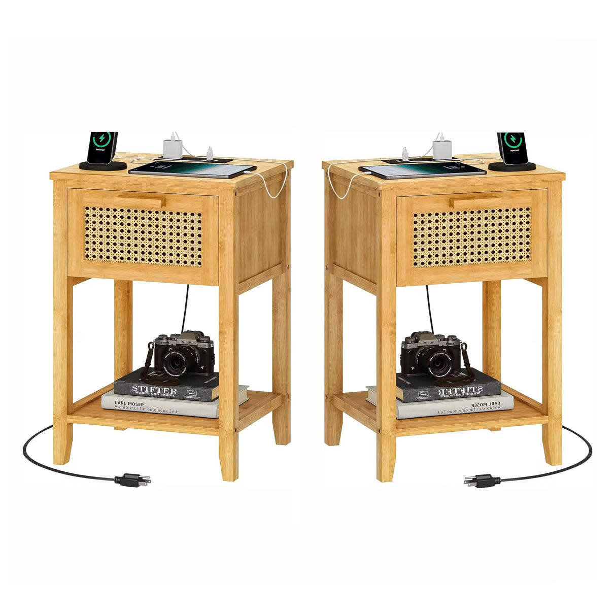Nightstands Set of 2 with Charging Staion, Rattan Decor Drawer Night Stand Wood