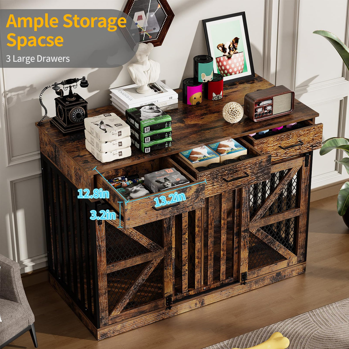 48" Double Dog Crate Furniture with Divider & Storage Drawers