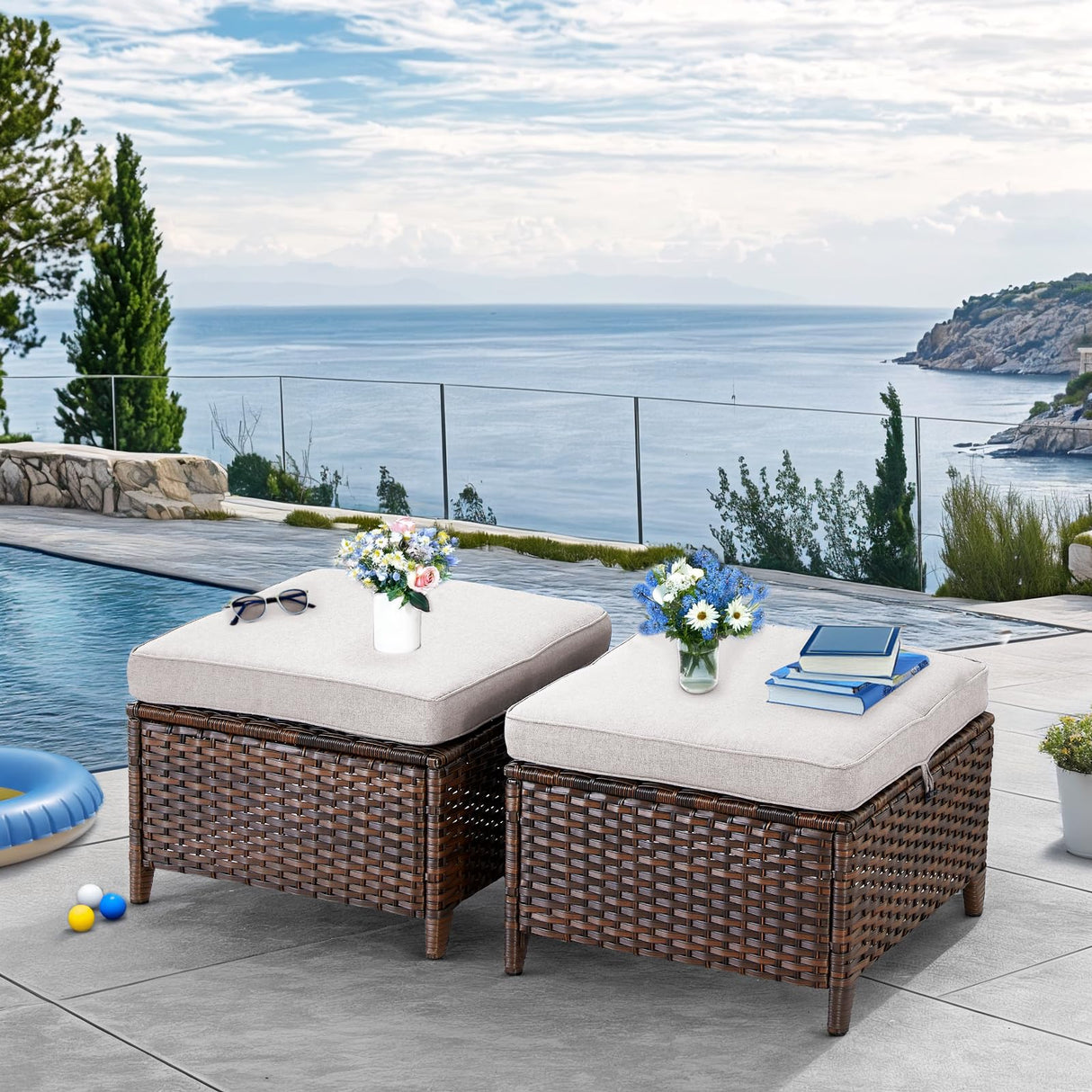 Outdoor Wicker Ottomans Rattan Footstools - Set of 2 Heavy Duty Outside Resin