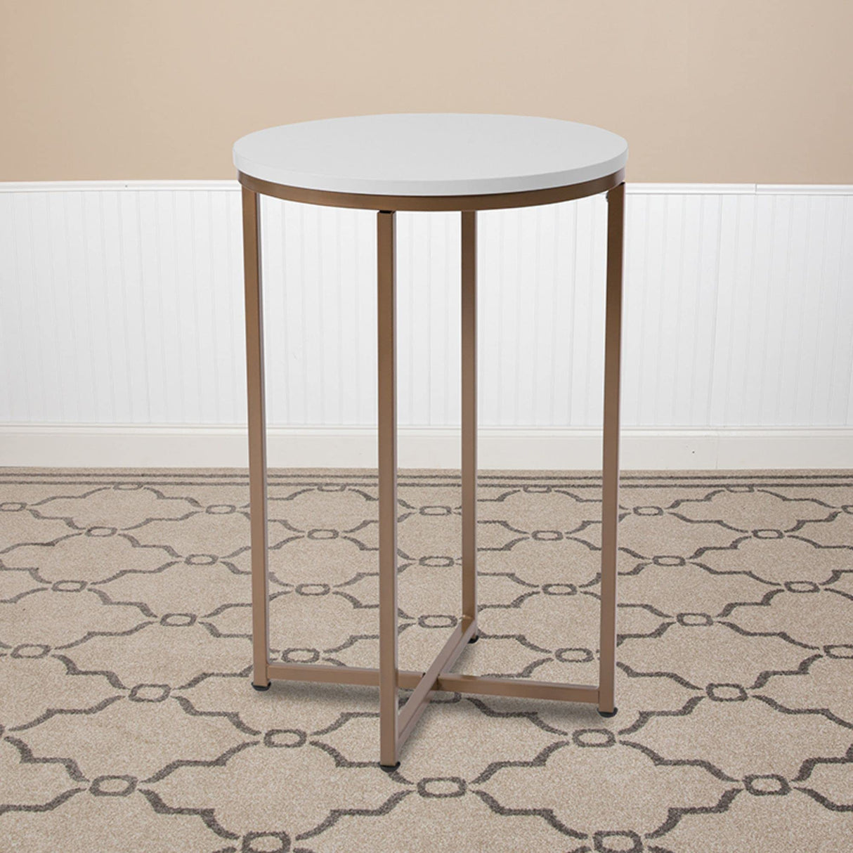 Hampstead Collection End Table - Modern White Finish End Table - Crisscross Brushed Gold Frame