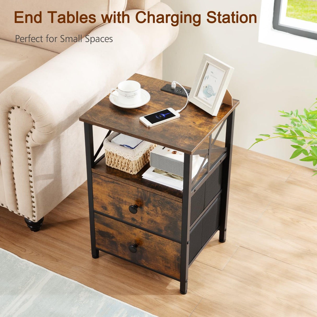 Night Stand Set 2, Nightstand with Charging Station, End Tables Living Room with USB