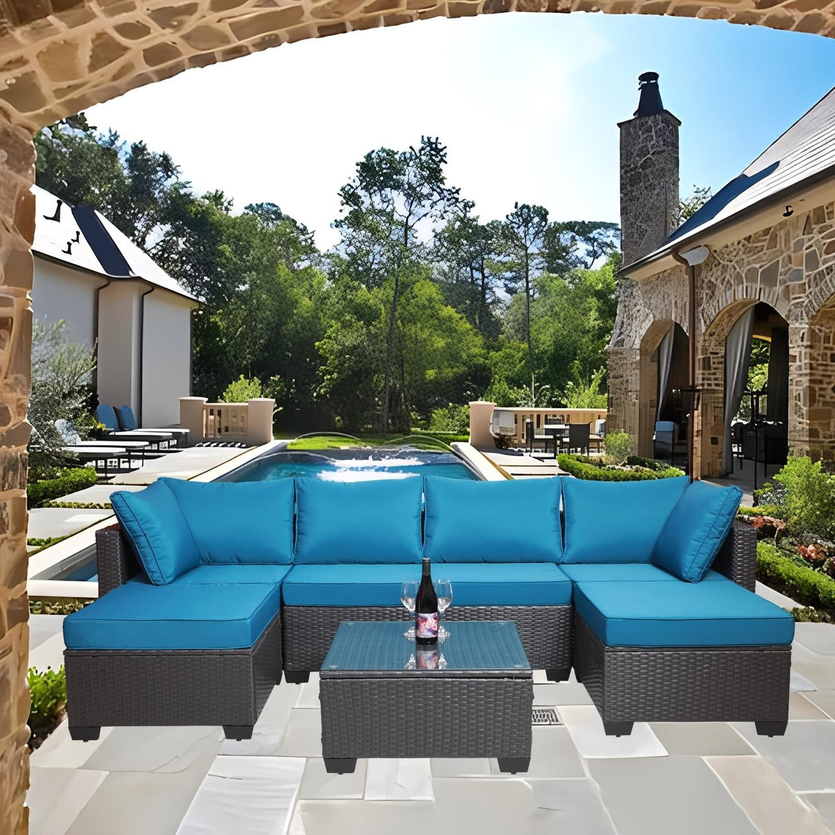 Outdoor Conversation Set Modern Outdoor Furniture 7PC Rattan Black Blue 4 Chair