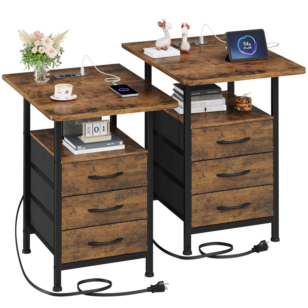 Night Stand Set 2 with 19'' D Larger Tabletop and 3 Fabric Drawer, Bedside Tables with Fast Charging Station