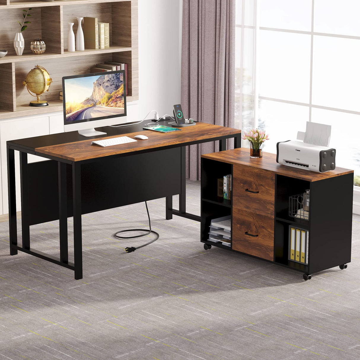 55'' Large Executive Desk with Lateral File Cabinet,Brown