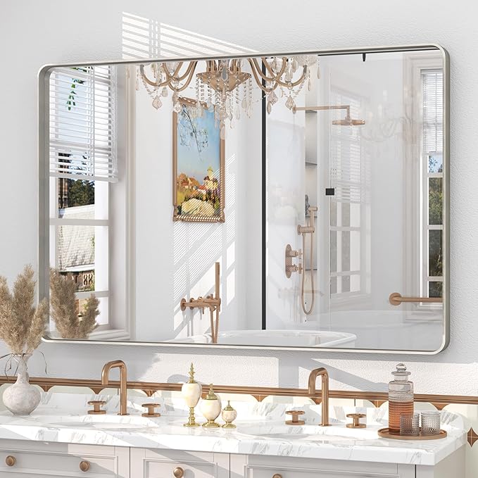 Silver Brushed Bathroom Mirror for Wall, Brushed Silver Metal Framed Bathroom