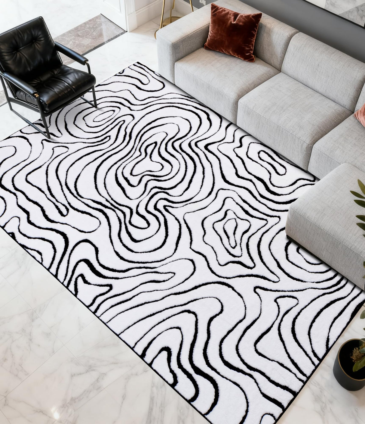 Modern Washable Area Rug 6x9 - Black & White Geometric Pattern