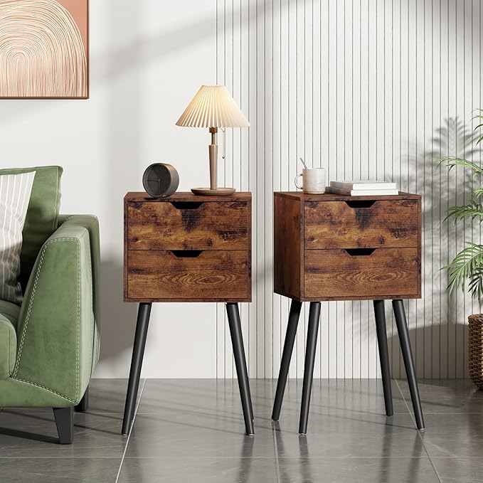 Nightstands Set of 2, Night Stand with Drawers, Bedside Tables with Solid Wood Legs and