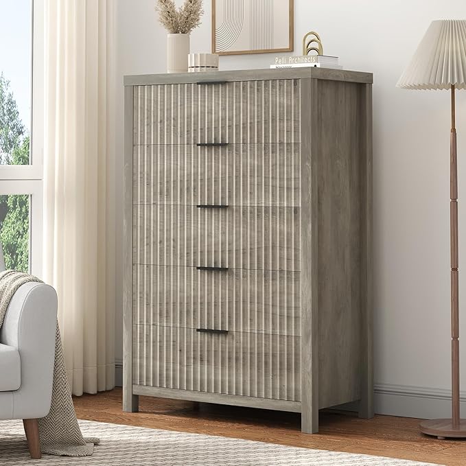 Fluted 6 Drawer Dresser with Power Outlet and LED Lights,Modern Chest of Drawers