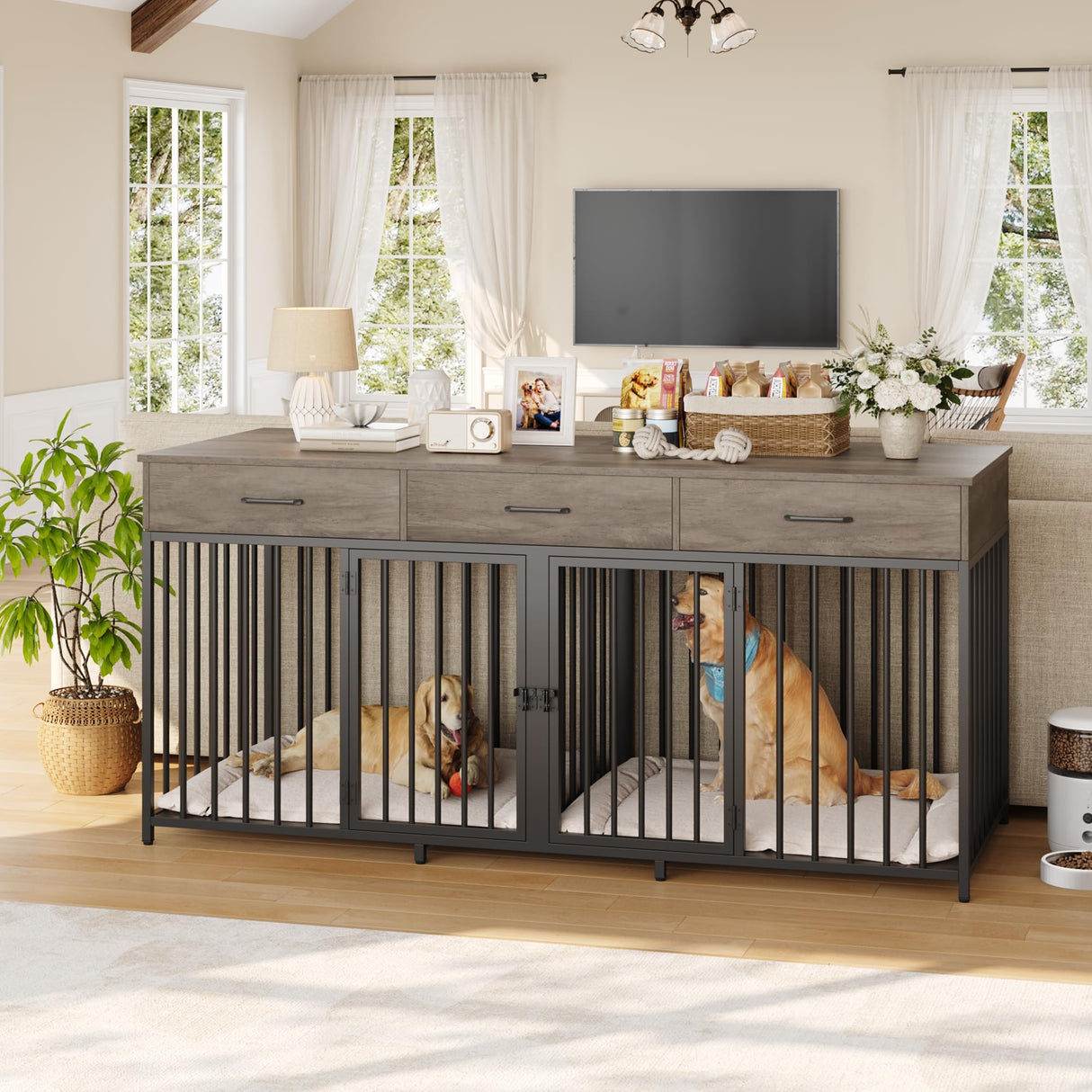 Double Dog Crate Furniture 71" Wide with 3 Drawers - Heavy Duty Wooden Kennel for 2 Large Dogs
