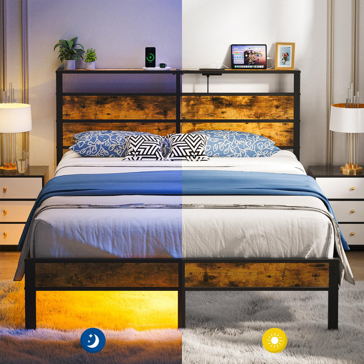 Queen Size Bed Frame with USB Charging Station and Headboard