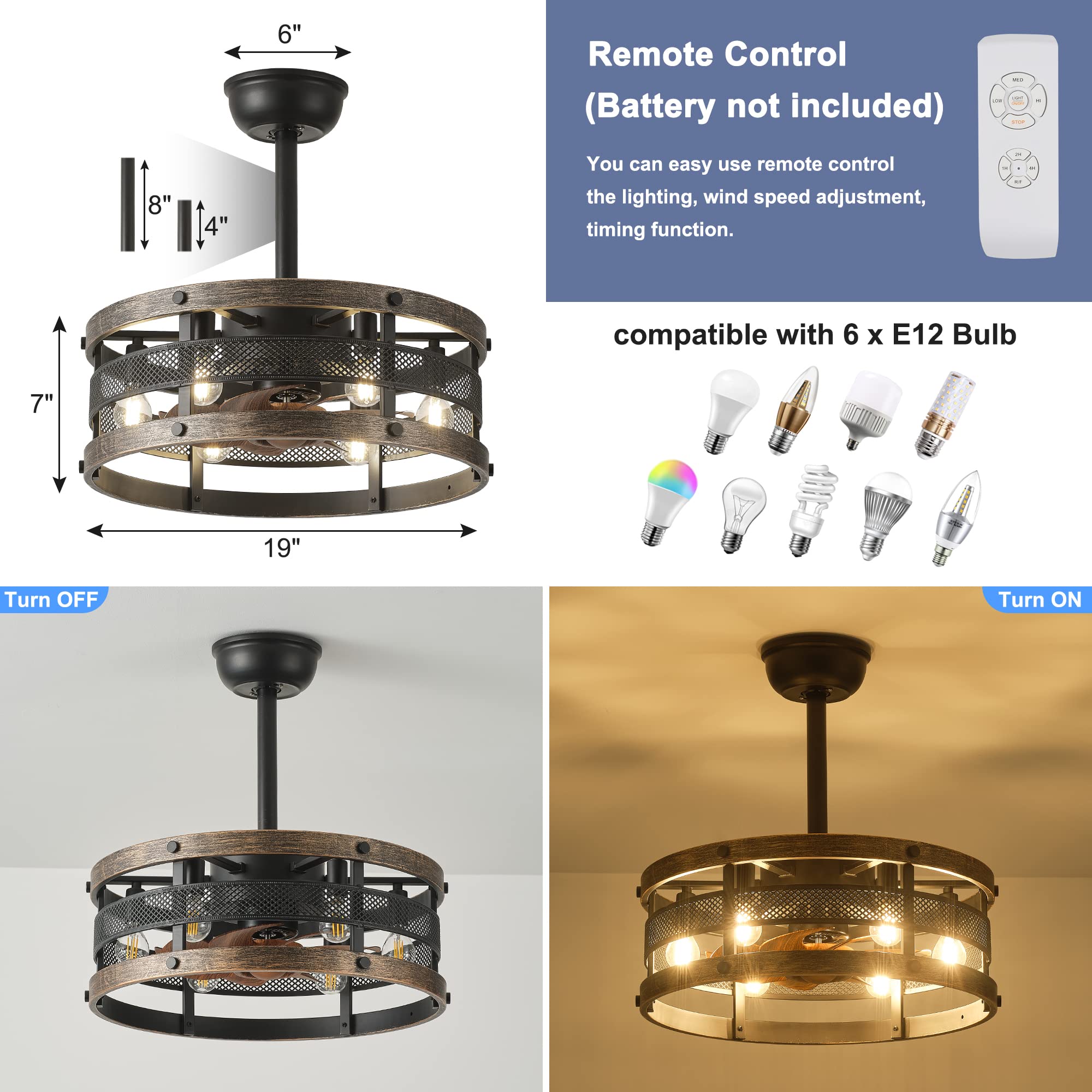 Caged Ceiling Fan with Lights and Remote,19'' Black Industrial Ceiling Fan