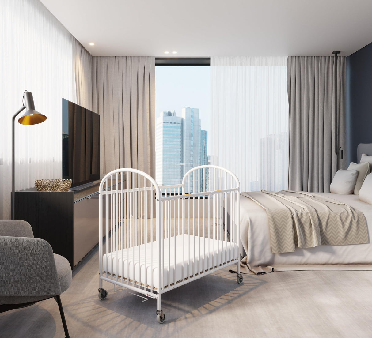 Pinnacle Steel Folding Crib, Portable Baby Crib with 4" InfaPure Foam Mattress and Oversized Commercial Grade Casters, Perfect for Hotels, Durable Construction (White)