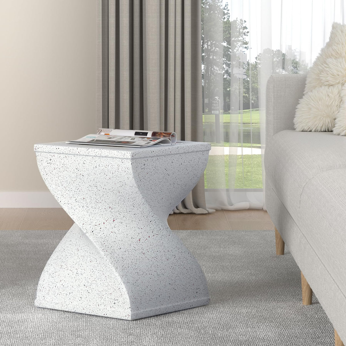 Outdoor Side Table, Concrete End Table, Round Accent Table for Indoor Modern Art Deco, Cement Side Tables for Outside Plant Stand, Artistic Style Tables Garden Stool for Patio (White - Square) - Bircata