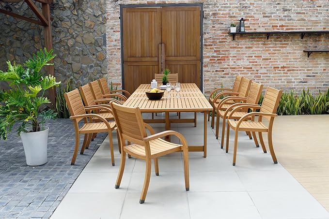 11 Piece Rectangular Patio Dining Set | Teak Finish | Ideal for Outdoors and Indoors