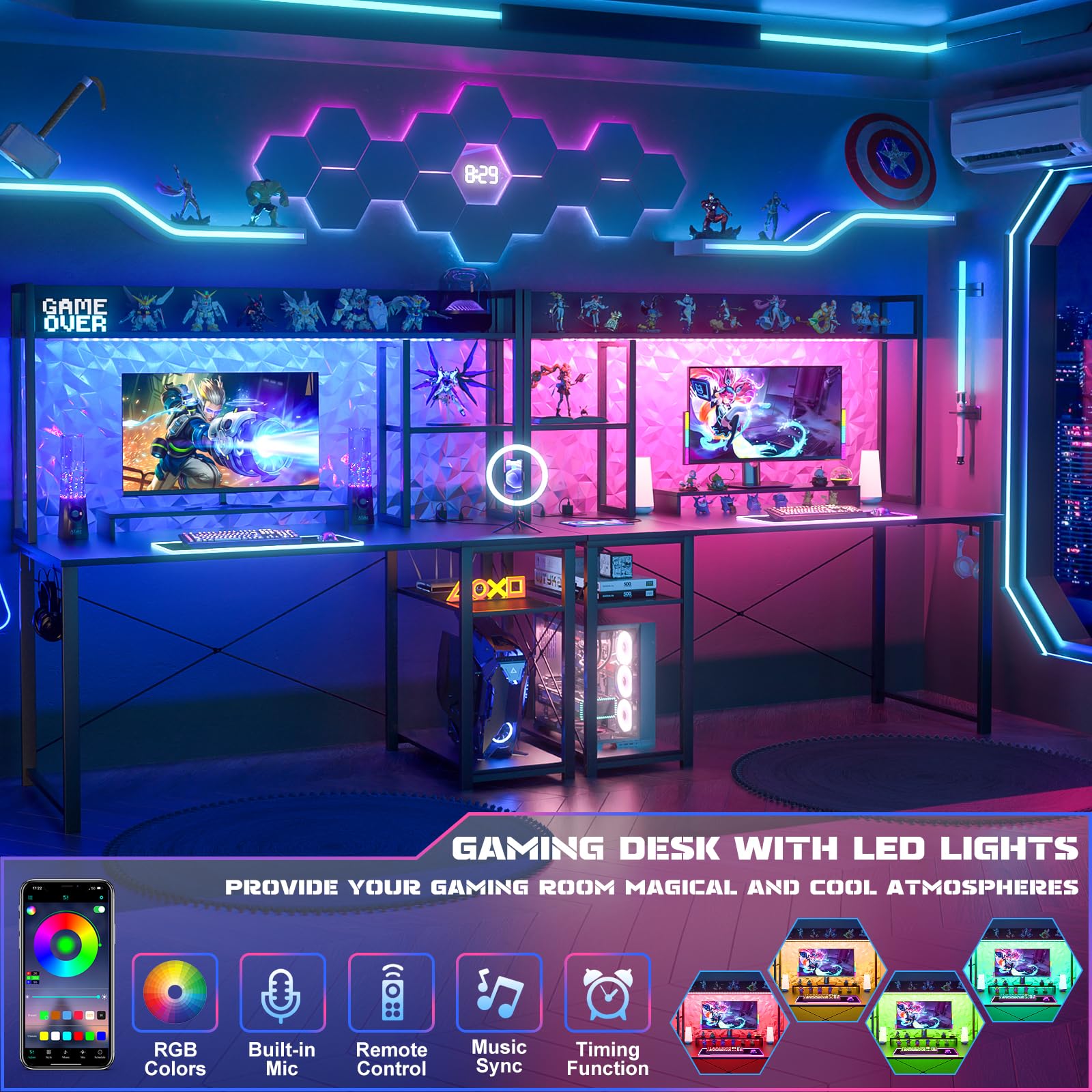 Gaming Desk with Hutch, 47'' Computer Desk with LED Lights & Power Outlets,