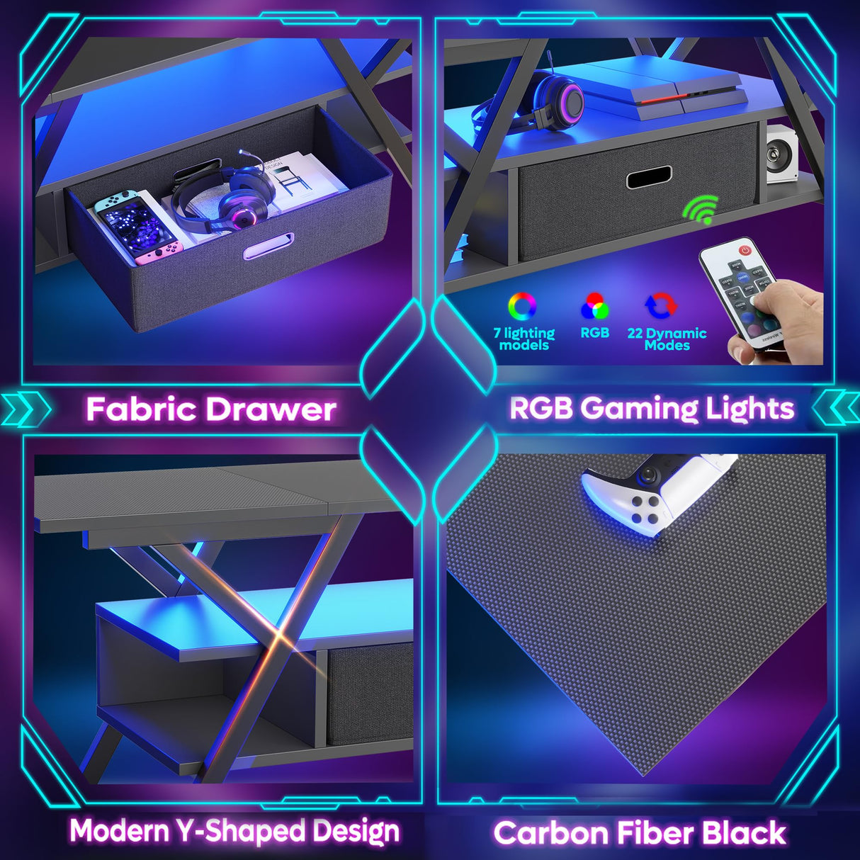 LED Entertainment Center with Power Outlets Gaming TV Stand for TV up to 65 Inch 55”