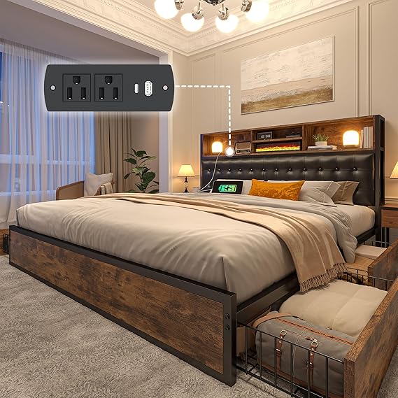 Full Bed Frame with Storage Drawers & Charging Station