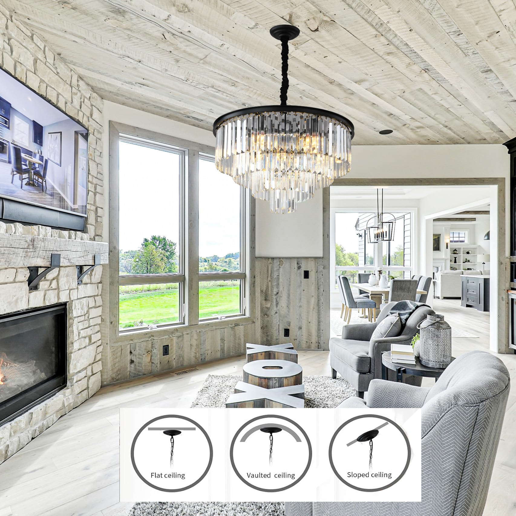 ELGOBST Black Modern Crystal Chandelier Lighting K9 Crystal Round Chandelier Hanging Ceiling Light Fixture 4-Tier Contemporary Crystal Pendant Light for Dining Room Living Room Bedroom 23.6inch