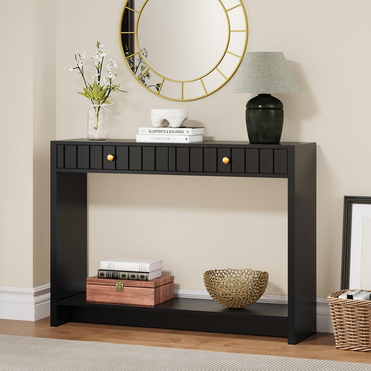 Entryway Console Table with Fluted Drawers, Mid Century Entryway Table with Storage