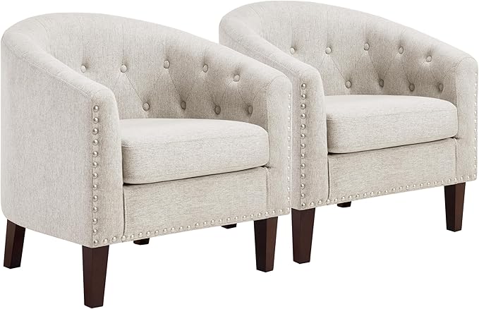 Accent Barrel Chair, Comfy Fabric Club Chair Armchair with Thicken Cushion, Button