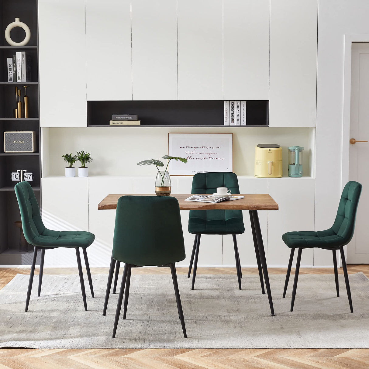 5-Piece Dining Table Set, 47 in Modern Irregular Rectangle Kitchen Table & 4 Forest Green