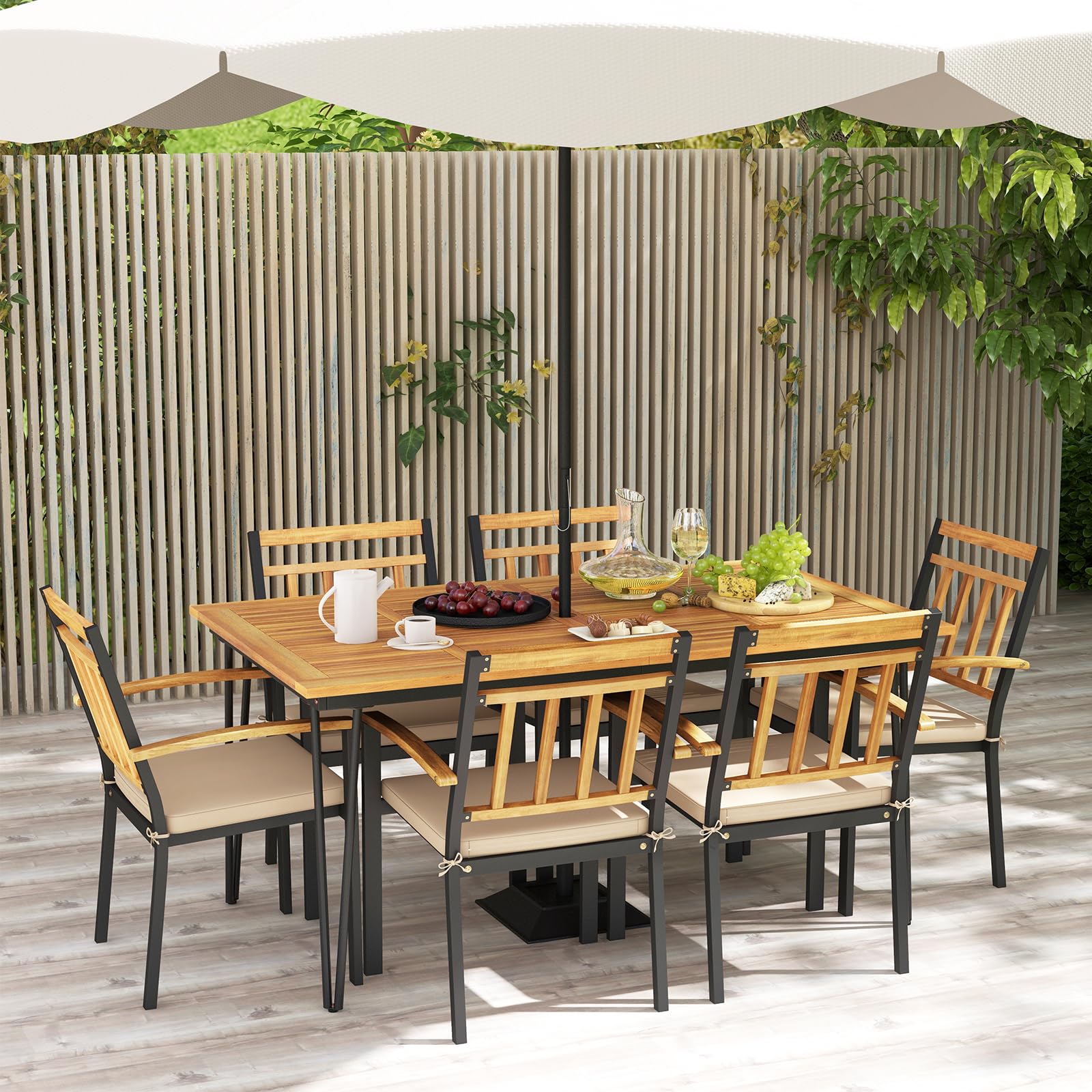 7 Pieces Patio Dining Set with Acacia Wood Dining Table & Armchairs, Soft Cushions, 2”