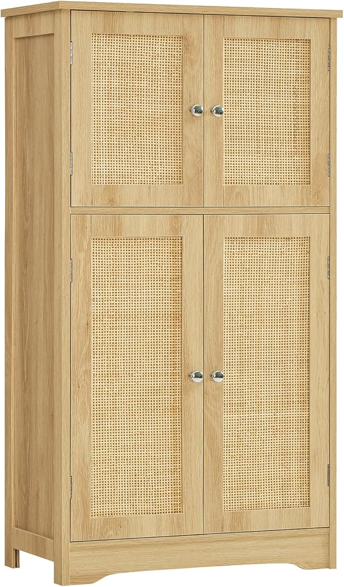 Cabinet, Storage Cabinet with 2 Adjustable Shelves, Bathroom Floor Cabinet with 4 Doors,