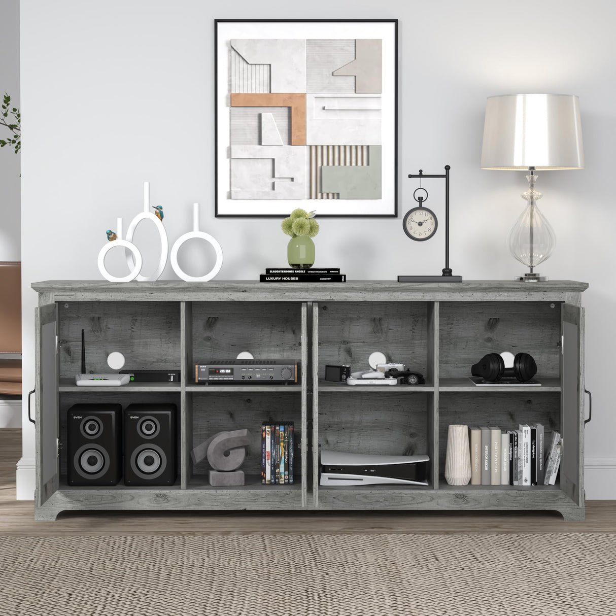 Farmhouse TV Stand for Television Up to 75 Inches, 4 Mirror Doors Entertainment Center