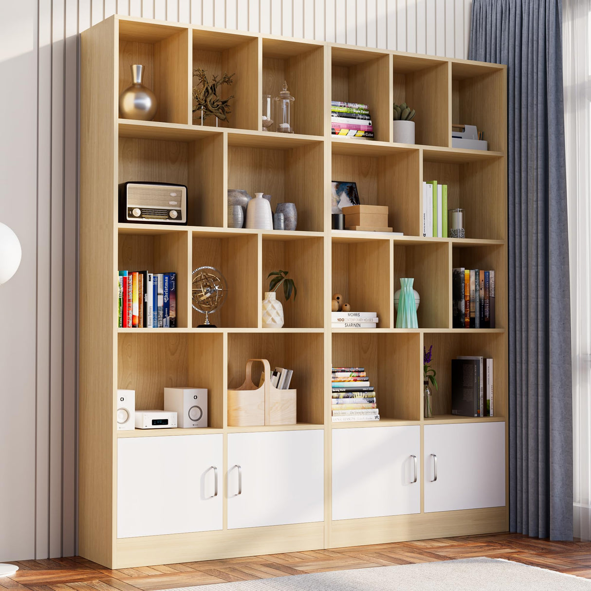 Castle 70" Tall Bookshelf with 12 Cubes and 2 Doors, 4-Tier Open Shelf Bookcase with Cabinet, Modern Cube Storage Organizer for Living Room, and Office, Oak & White