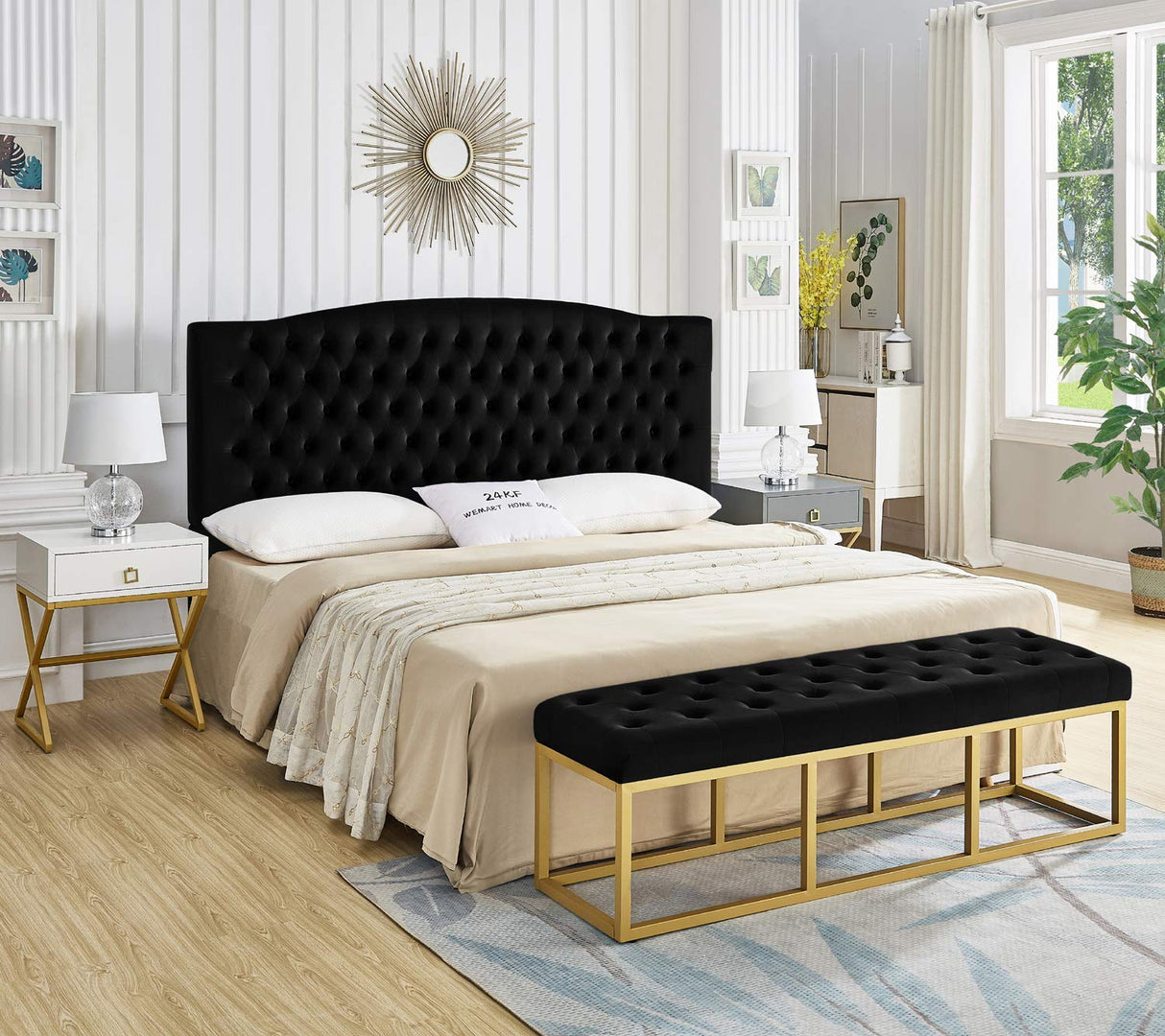 Upholstered Tufted Long Bench with Golden Metal Leg, Black Velvet Bench