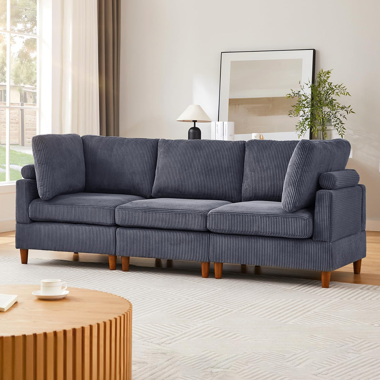 90 Inch Modular Couch, 3 Seater Corduroy Couch, Modern Convertible Sofa, Loose Back,