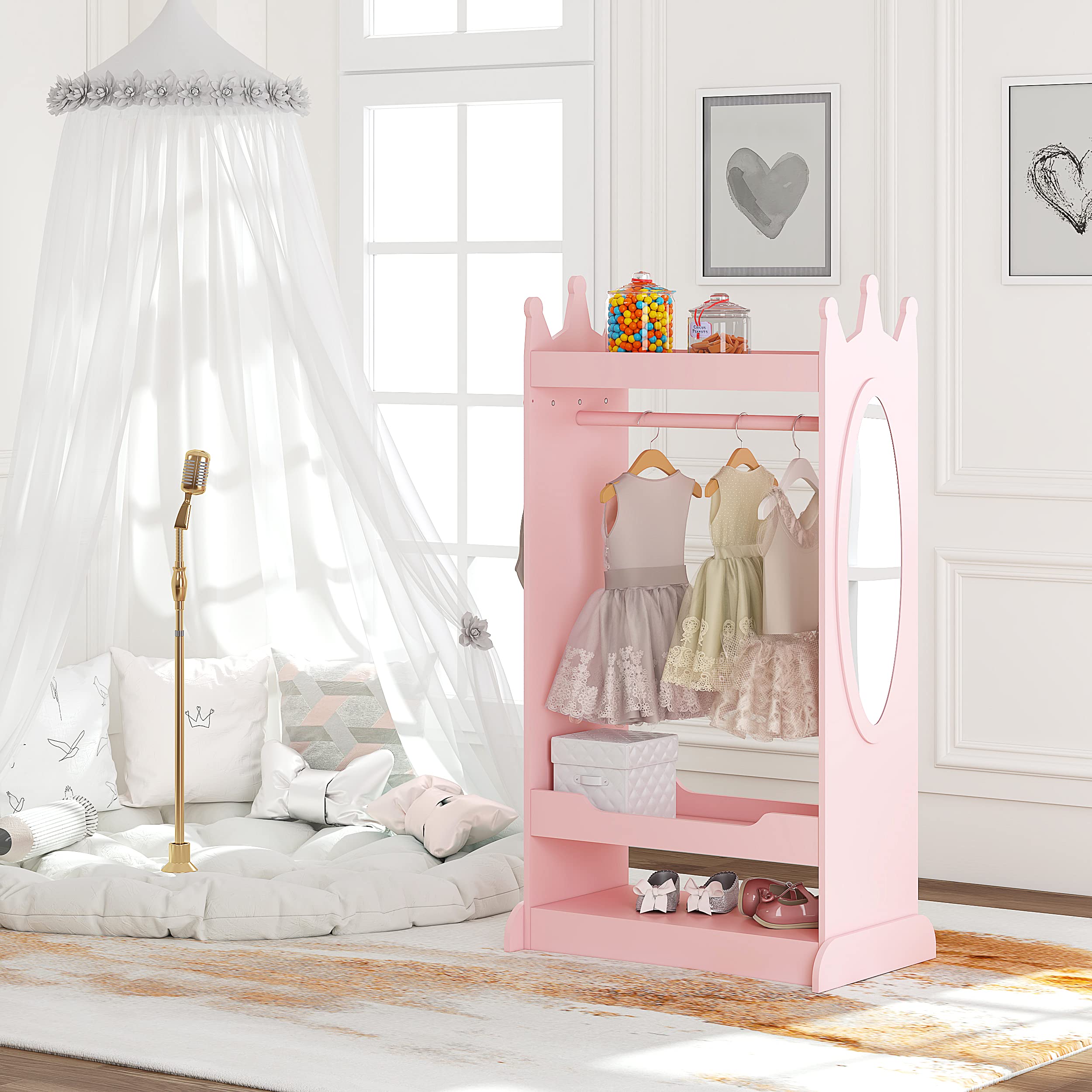 Kids Dress up Storage with Mirror,Costume Closet for Kids, Open Hanging Armoire Closet
