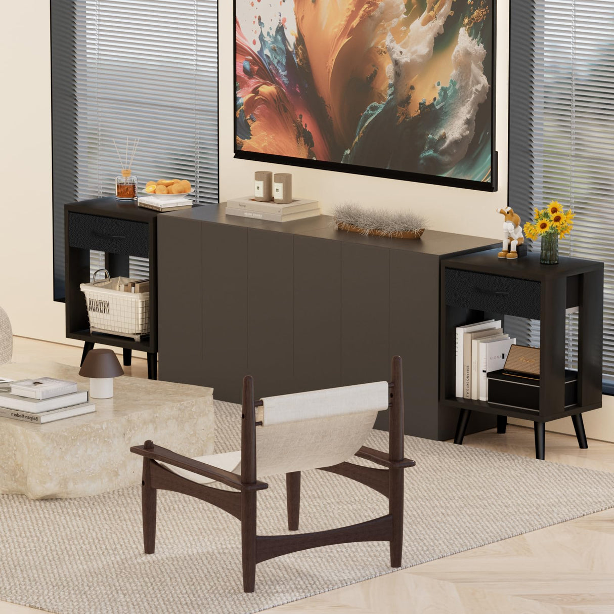 Nightstands Set of 2 with Fabric Storage Drawer and Open Wood Shelf, Side Table