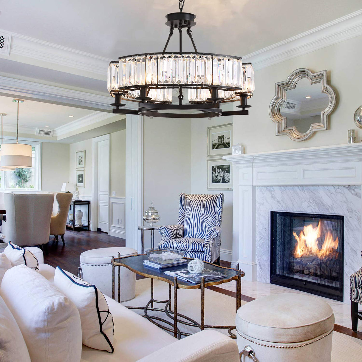 Round Crystal Chandelier Black Modern Industrial Pendant 6 Lights