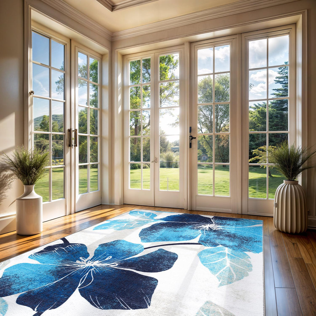 Solana Modern Floral 7'10" x 10'3" Area Rugs Non-Skid (Non-Slip) Rubber Backing Blue