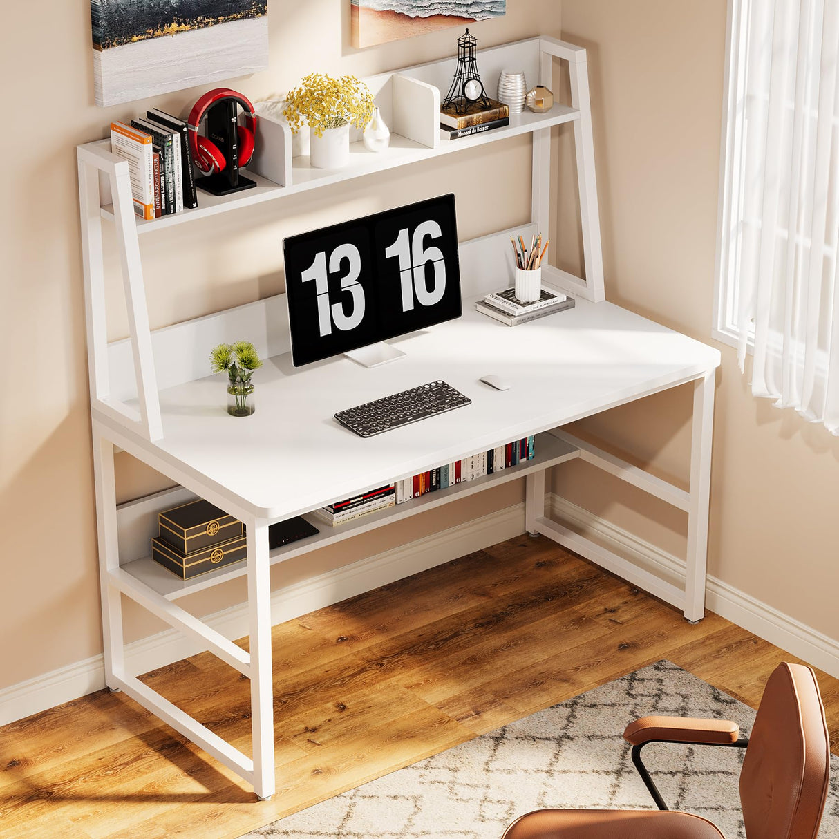 Computer Desk with Hutch, 47 inches Home Office Desk with Space Saving Design with Bookshelf for Small Spaces