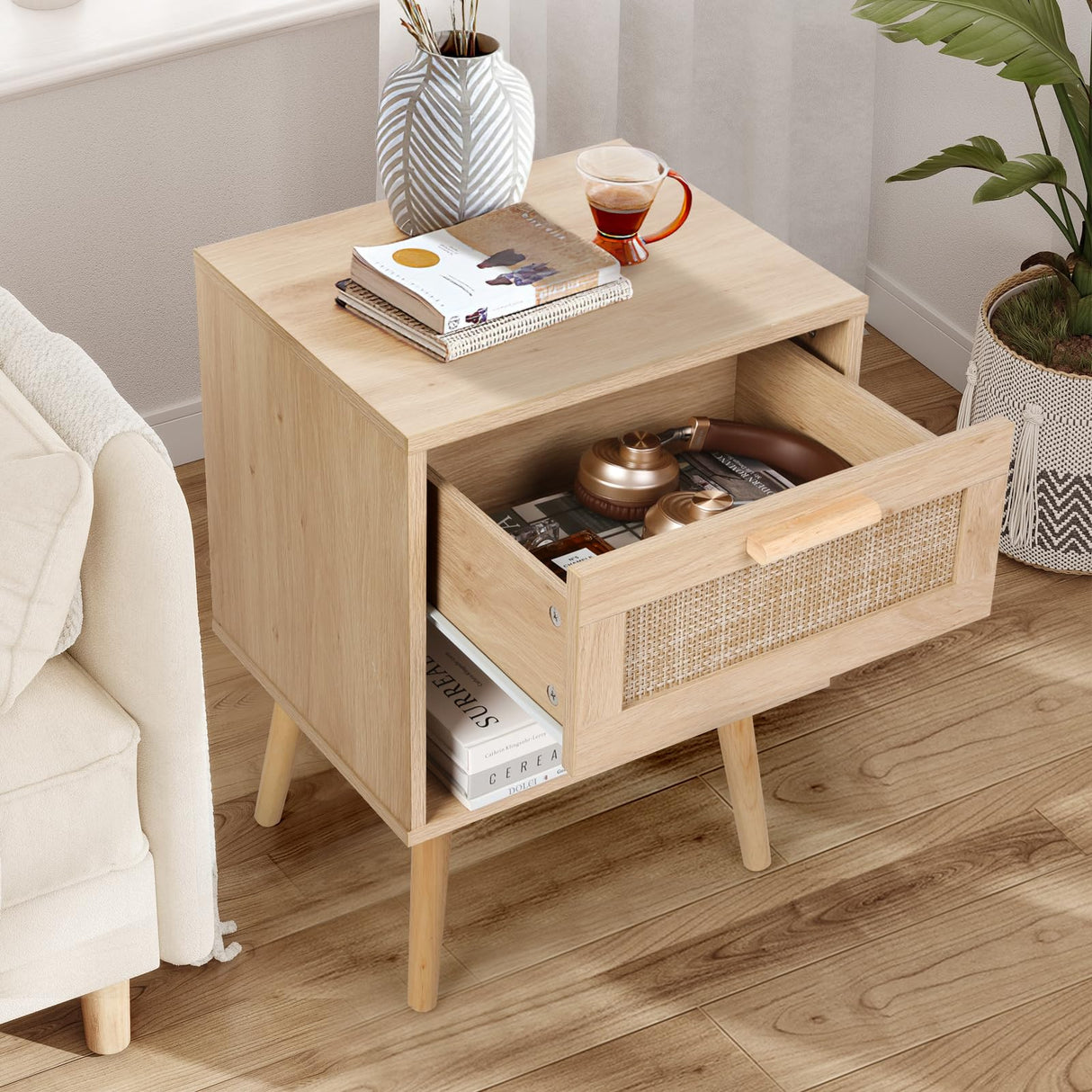 Rattan Nightstand, Night Stands with Hand Made Rattan Decorated Drawer, End Table