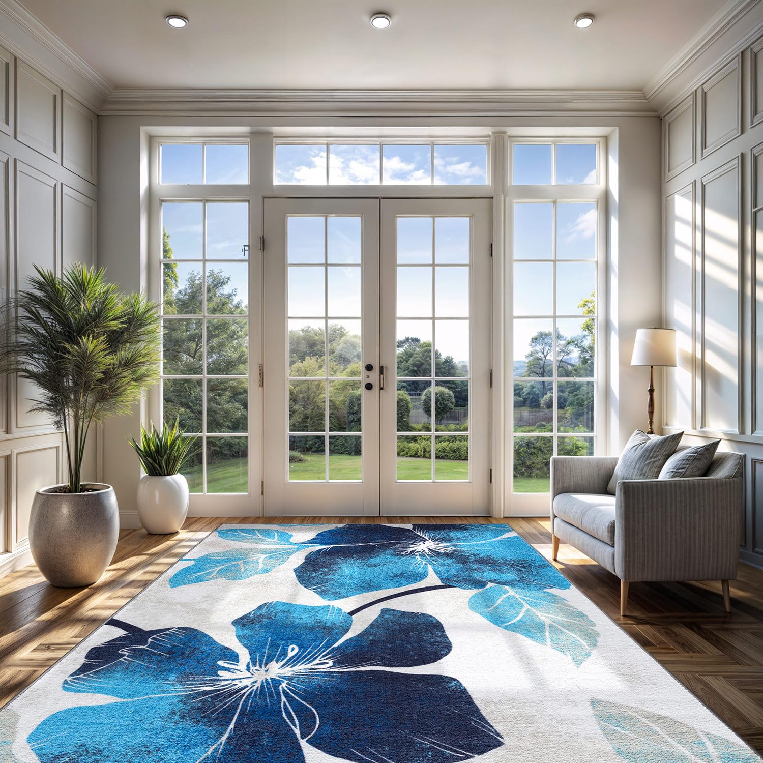 Solana Modern Floral 7'10" x 10'3" Area Rugs Non-Skid (Non-Slip) Rubber Backing Blue