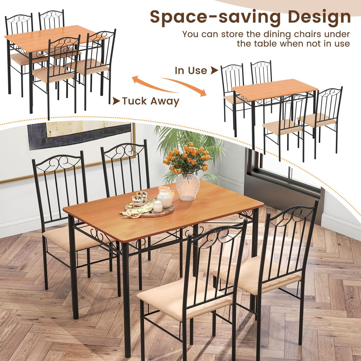 Dining Table Set for 4, Dining Room Table Set with Metal Frame & Padded Seat