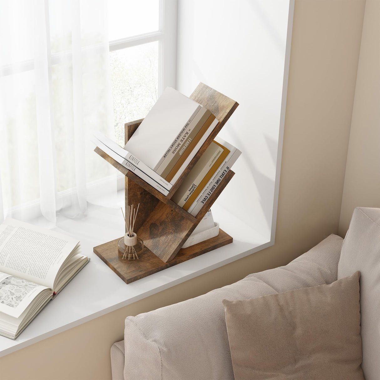 Tajsoon Tree Bookshelf 3 Tier Book Storage Organizer Shelves, Desktop Bookshelf Floor Standing Bookcase Display for CDs/Magazine/Books, Small Bookshelf for Bedroom, Living Room Office, Rustic Brown