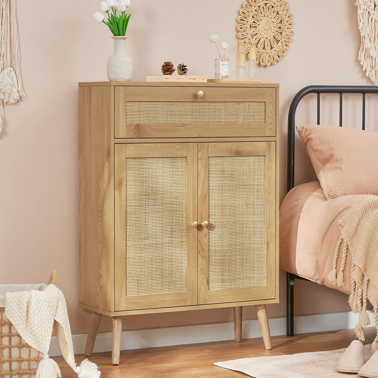 Iwell Storage Cabinet with Adjustable Shelf, Rattan Cabinet with Large Drawer, Sideboard Bufffet Cabient with Storage, Bathroom Storage Cabinet, Accent Cabinet for Entryway, Natural