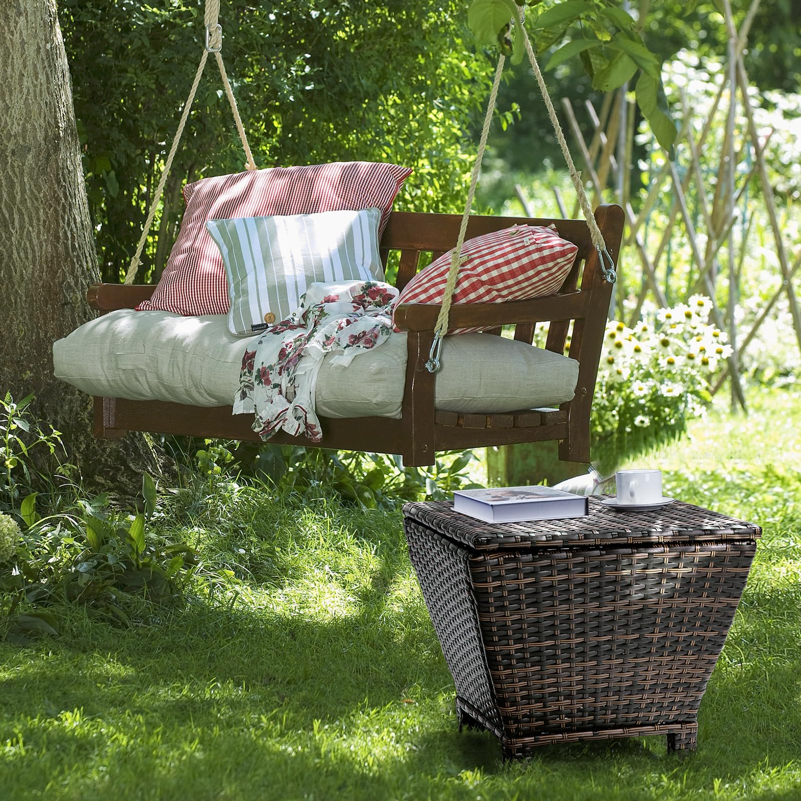 Outdoor Side Table with Storage, 13-Gallon Storage Box Outdoor Wicker Side Table