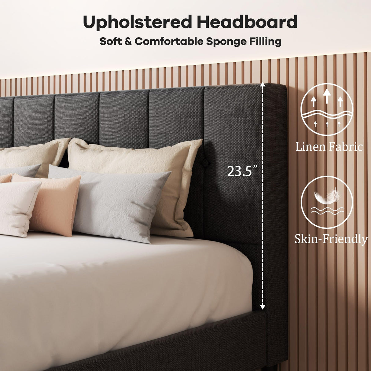 Full Bed Frame with Button Tufted Headboard, Fabric Upholstered Platform Bed Frame,