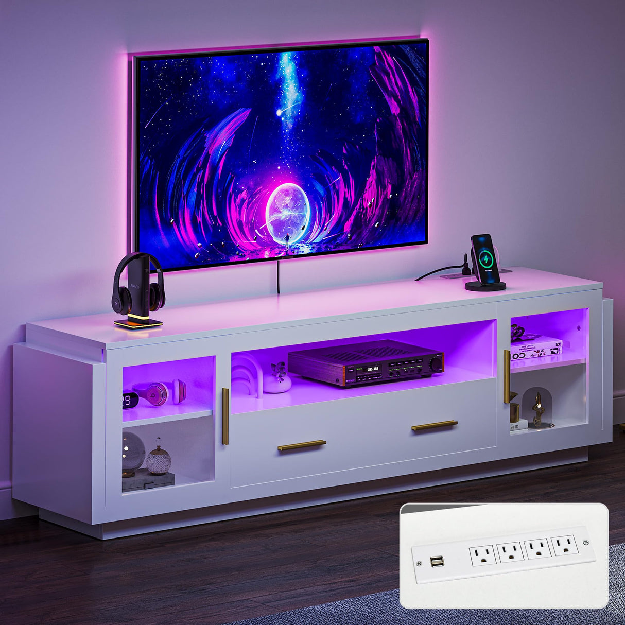 LED TV Stand with Power Outlets, Modern Entertainment Center Media Console