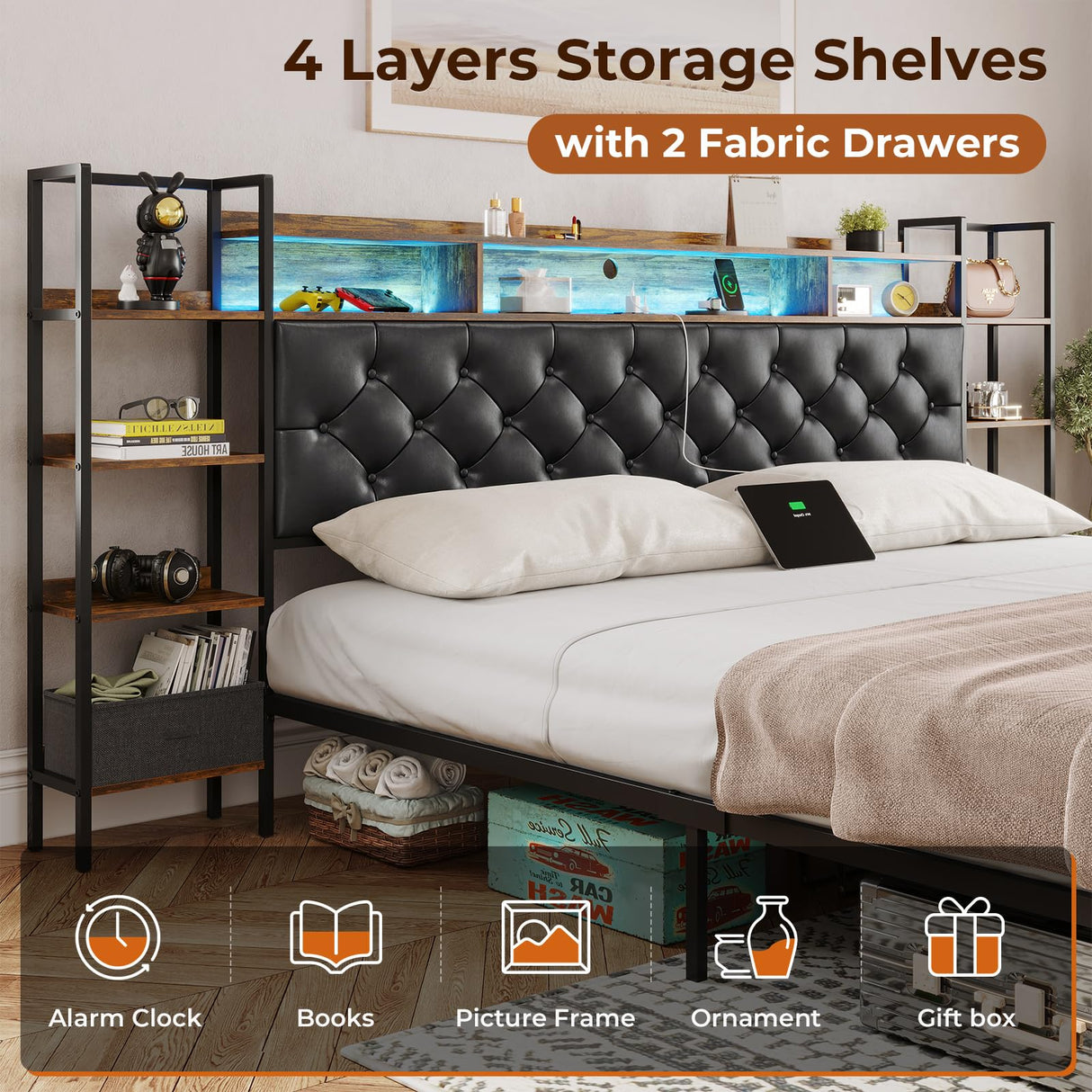 Bed Frame King Size with Bookcase Storage Headboard and Charging Station King