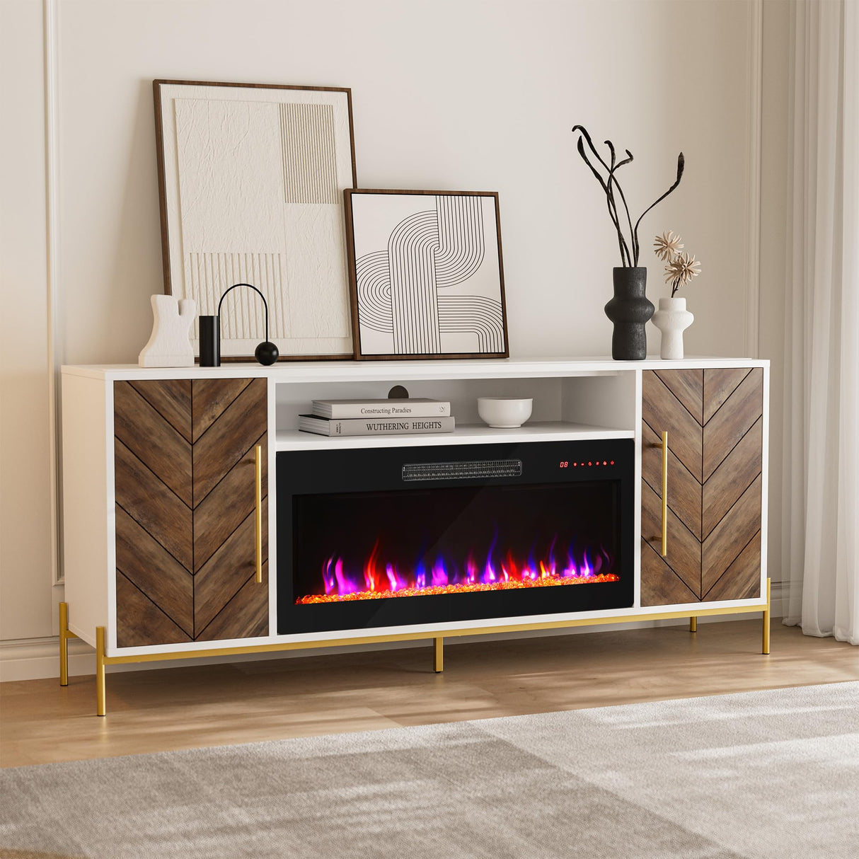 68" Wood TV Stand with 36" Electric Fireplace - White Ebony