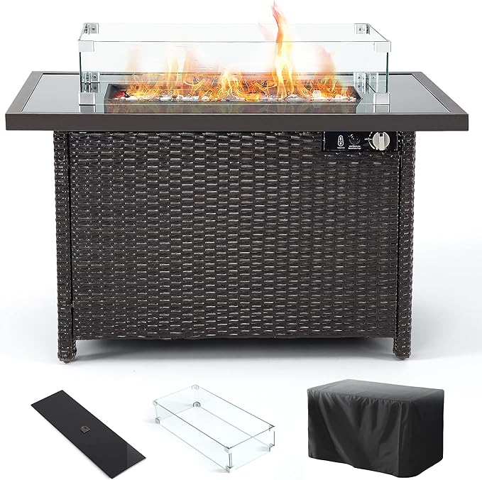 Fire Pits, PAMAPIC 50,000 BTU Auto-Ignition Outdoor Fire Pit Table with Glass Wind Guard